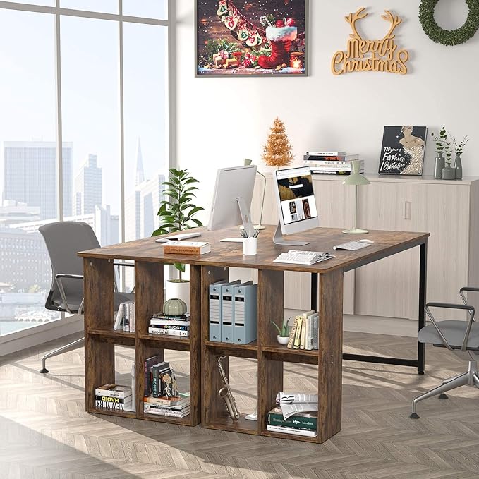 Homfio 47.2'' Computer Desk with Storage Shelves, Modern Home Office Desk Computer Table with Cabinets, Student Studying Writing Desk Wood Desk Workstation for Home Office, Rustic Brown