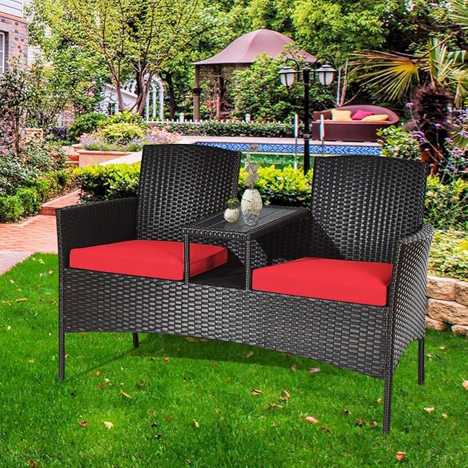 LUARANE Outdoor Rattan Sofas, Contract Patio Conversation Set Wicker Sofa Set with Built-in Coffee Table, Patio Furniture Set with Cushions, Rattan Loveseat for Lawn Backyard Garden (Brown+Red)