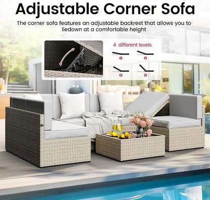 Pamapic Outdoor Sectional Furniture for 6,Wicker Patio Furniture,All-Weather Gray PE Rattan Sectional Sofa, Conversation Set with Washable Cushions Covers and Coffee Table for Garden Poolside