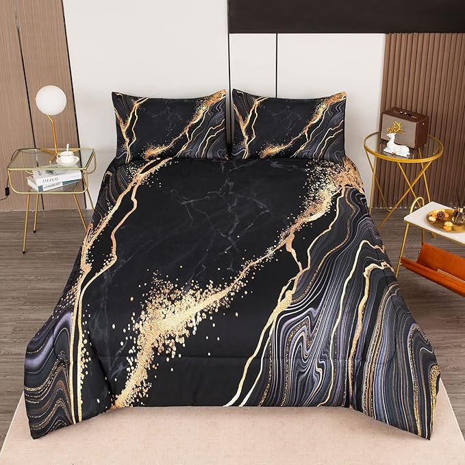 Tailor Shop Marble Bedding Set Soft Microfiber Black and Gold Comforter Set King Size for Kids Men and Women with 1 Marble Comforter and 2 Pillowcases……