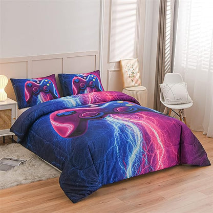 Meeting Story Gamer Gaming Bedding Sets Red Blue Lightnings Gamepad Comforter Set for Boys Games Console Action Buttons Novelty Colorful Modern Room Decor Home Quilt Set (Blue-Purple, Queen)