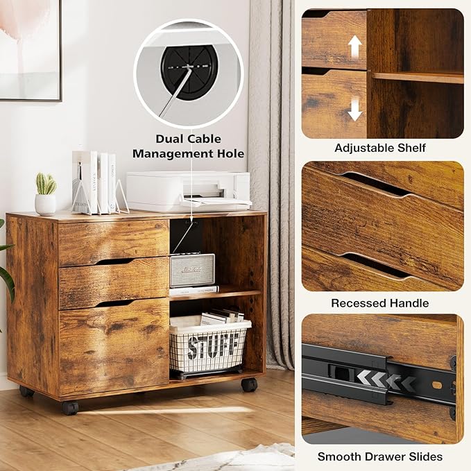 DUMOS Lateral File Cabinet with 3 Drawers Rolling Wooden Printer Stand Under Desk Storage Organizer with 4 Wheels Adjustable Shelf for Office Home, Rustic Brown