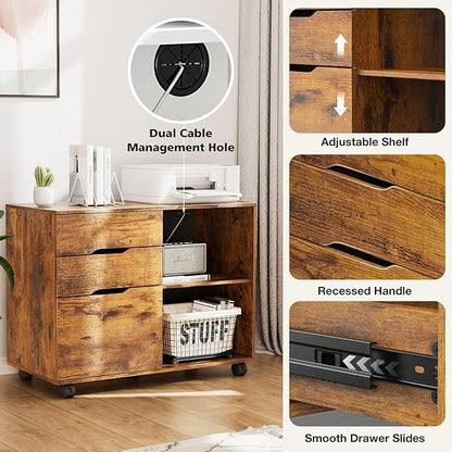 DUMOS Lateral File Cabinet with 3 Drawers Rolling Wooden Printer Stand Under Desk Storage Organizer with 4 Wheels Adjustable Shelf for Office Home, Rustic Brown