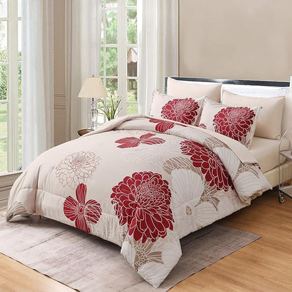 Yiran 7 Pieces King Comforter Set Red Floral Bed in a Bag Soft Microfiber Bedding Set 103"×90"(1 Comforter 1 Flat Sheet 1 Fitted Sheet 2 Pillowshams 2 Pillowcases)
