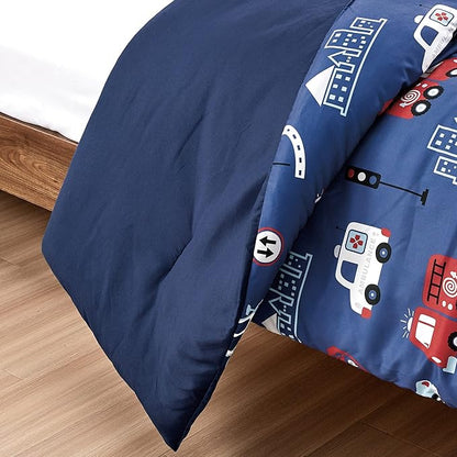 for Kids Fire Turck 4-Piece Comforter Set - Beautiful Motif Design Bedding Set with Embrodery Print