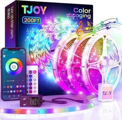 TJOY 200ft Long LED Strip Lights, Bluetooth Led Lights for Bedroom, Color Changing RGB Lighting with APP and Remote Control, Rope Lighting Indoor for Ceiling, Living Room Decor/65.6ft*3