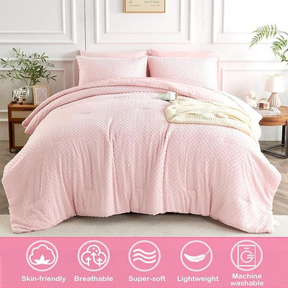 Queen Size Tufted Kids Comforter Set 7 Piece Pink Jacquard Tufts Embroidery Bedding Set for Boys Girls Bed in A Bag Quilt with 1 Comforter, 1 Flat Sheet, 1 Fitted Sheet, 2 Pillowcase and 2 Pillow Sham