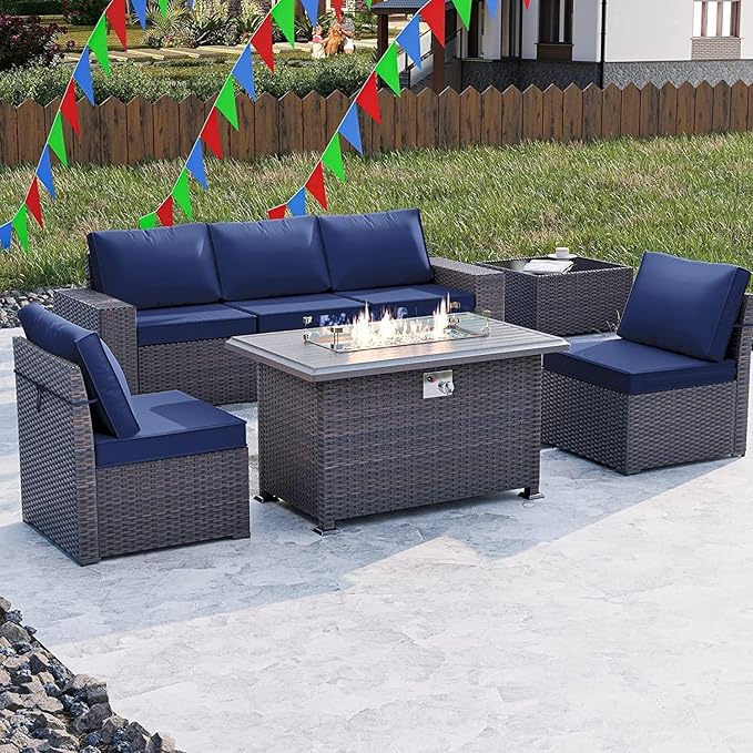 Kullavik 7 Pieces Outdoor Patio Furniture Set with 43" 55000BTU Gas Propane Fire Pit Table PE Wicker Rattan Sectional Sofa Patio Conversation Sets,Navy Blue