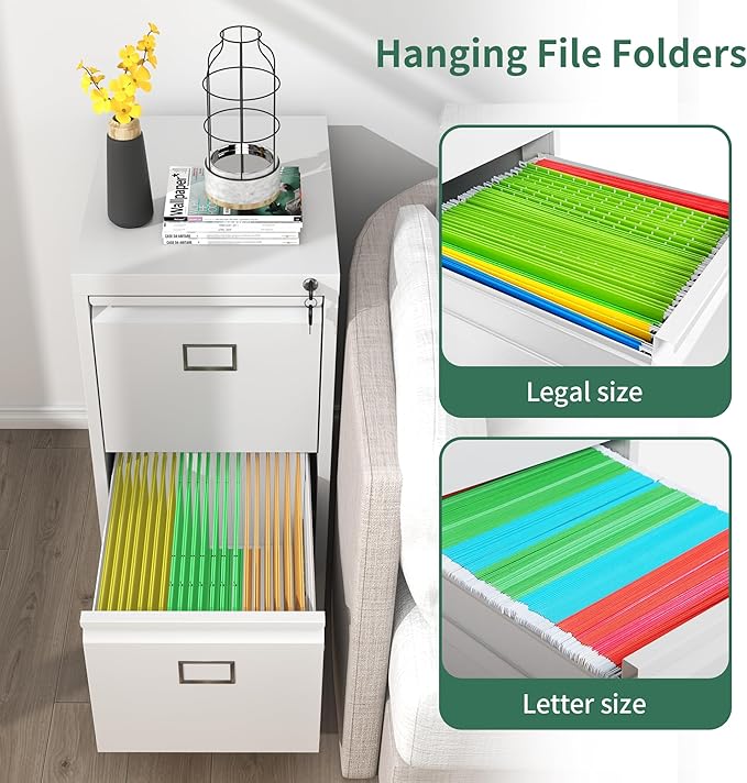 2 Drawer File Cabinet,Metal Vertical File Cabinets with Lock for Home Office,Heavy Duty Office Steel Filing Cabinet for Hanging Letters/Legal/A4, Assembly Required (White)