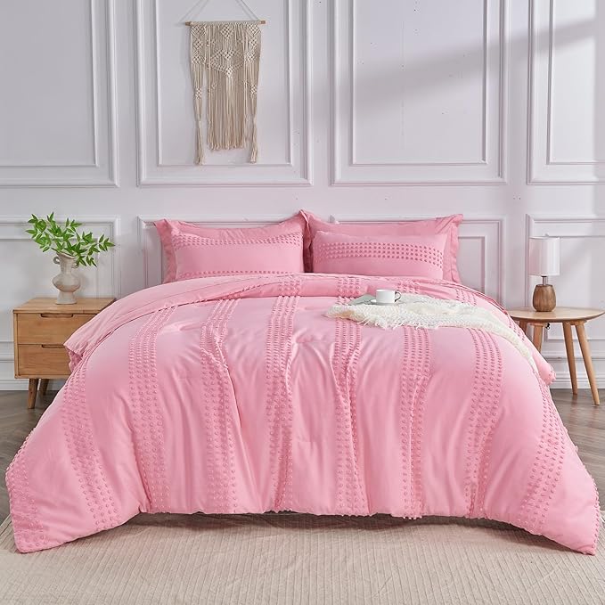 ENJOHOS Girls Queen Comforter Bedding Set Pink, 3 PCS Boho Comforter with Tufted Dots, Shabby Chic Bedding Comforter for All Season, Lightweight Fluffy Microfiber Comforter with 2 Pillowcases