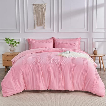 ENJOHOS Girls Queen Comforter Bedding Set Pink, 3 PCS Boho Comforter with Tufted Dots, Shabby Chic Bedding Comforter for All Season, Lightweight Fluffy Microfiber Comforter with 2 Pillowcases
