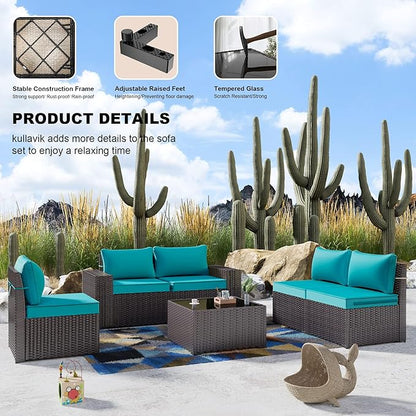 Kullavik 6PCS Outdoor Patio Furniture Set PE Wicker Rattan Sectional Sofa Patio Conversation Sets,Blue