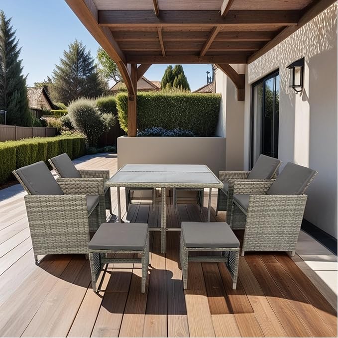 9 Pieces Patio Dining Outdoor Furniture, Space Saving Rattan Chairs with Glass Table, Cushioned Seating and Back Sectional Conversation Set, Zm-Grey