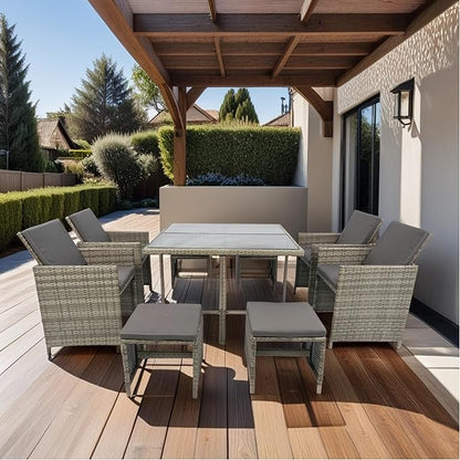 9 Pieces Patio Dining Outdoor Furniture, Space Saving Rattan Chairs with Glass Table, Cushioned Seating and Back Sectional Conversation Set, Zm-Grey