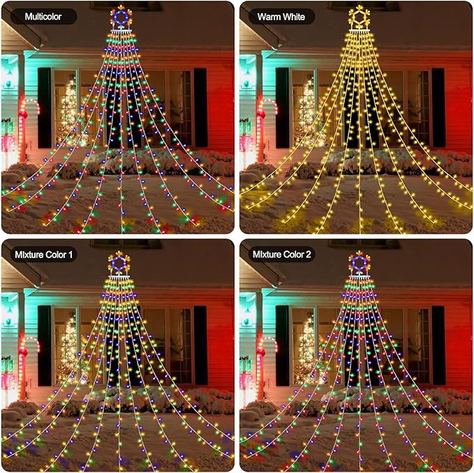 PUHONG Christmas Decorations, 320 LED Outdoor String Lights, Snowflakes Hanging Christmas Tree Topper Lights with 11 Modes for Holiday, Wedding, Party, Yard Decor (Warm White&Multicolored)