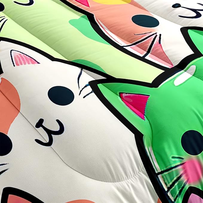 Cat Bedding Twin Size - Cat Comforter Set for Kids Girls Room Cartoon Cat Bedding Set Room Decor Teens Twin Comforter Sets for Girls, 1 Comforter+1 Pillowcase