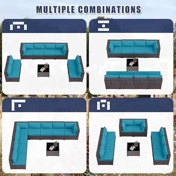 Patio Furniture Set 9-Pieces Outdoor Furniture for Backyard Wicker Sectional Sofa Set, Rattan Patio Conversation Set with Thickened Cushions and Glass Coffee Table, Turquoise