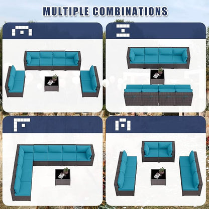 Patio Furniture Set 9-Pieces Outdoor Furniture for Backyard Wicker Sectional Sofa Set, Rattan Patio Conversation Set with Thickened Cushions and Glass Coffee Table, Turquoise