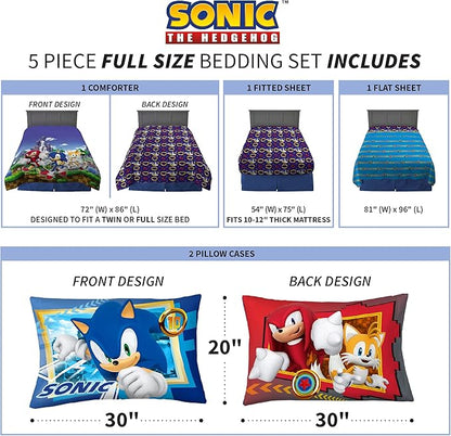 Franco Kids Bedding Super Soft Comforter and Sheet Set, 5 Piece Full Size, Sonic The Hedgehog, Anime