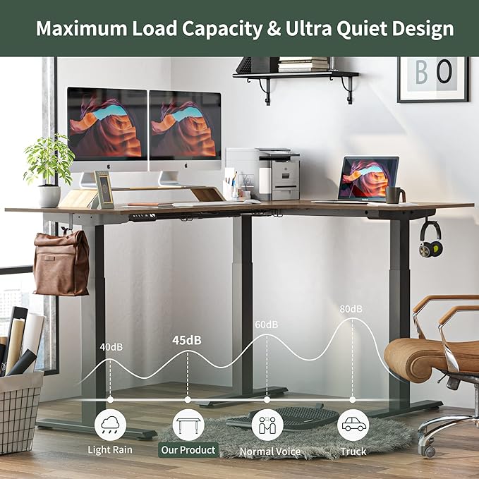 FEZIBO Triple Motor L-Shaped Electric Standing Desk, 75 Inches Height Adjustable Stand up Corner Desk, Sit Stand Workstation with Splice Board, Black Frame/Black Walnut Top