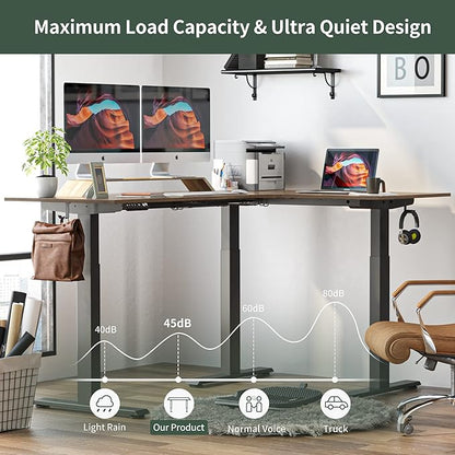 FEZIBO Triple Motor L-Shaped Electric Standing Desk, 75 Inches Height Adjustable Stand up Corner Desk, Sit Stand Workstation with Splice Board, Black Frame/Black Walnut Top