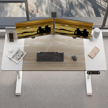 Adjustable Height Electric Standing Desk - 55 x 24 Inch Sit Stand Computer Desk, Stand Up Desk Table for Home Office, White Frame/White + Oak Top