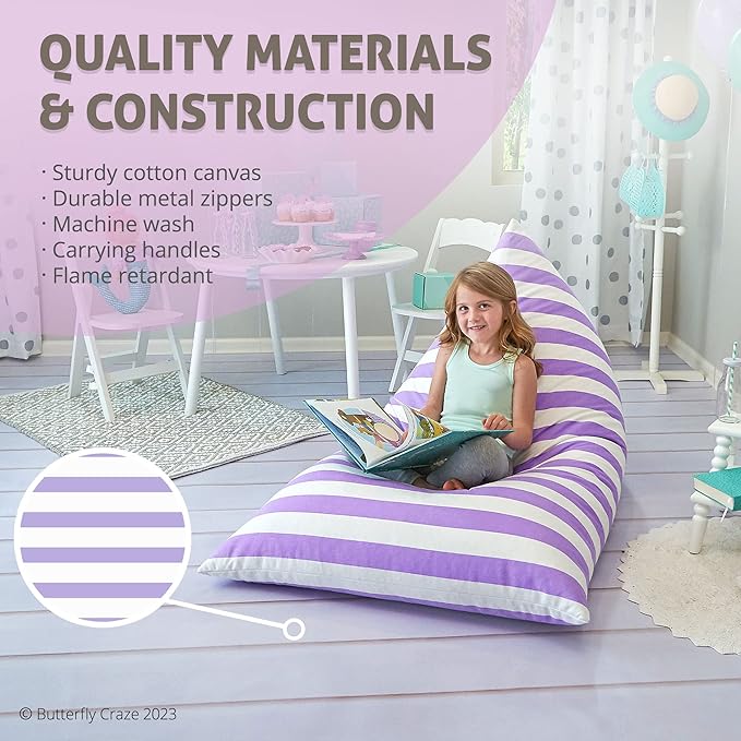 Butterfly Craze Bean Bag Chair Cover, Functional Toddler Toy Organizer, Fill with Stuffed Animals to Create a Jumbo, Comfy Floor Lounger for Boys or Girls, Stuffing Not Included, Purple Stripes