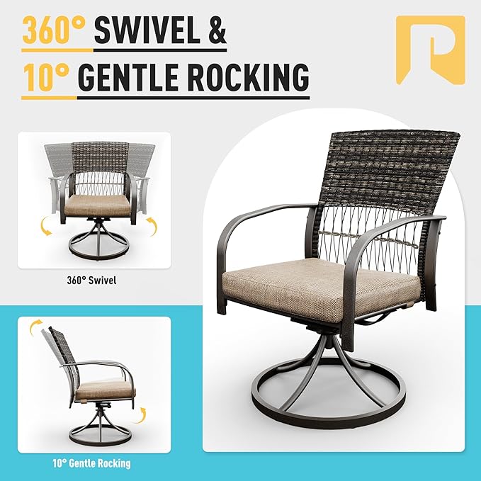 Pamapic 7 Piece Patio Dining Set for 6,Wicker Outdoor Furniture Set for Backyard Garden Deck Poolside with Iron Slats Table Top,4 Dining Chairs and 2 Swivel Rockers,Removable Cushions(Beige)