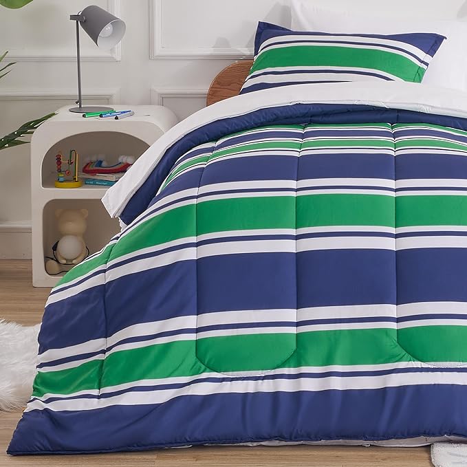 SLEEP ZONE Kids Rugby Bedding Comforter Set Full/Queen Size - Super Cute & Soft Kids Bedding 7 Pieces Set with Comforter, Sheet, Pillowcase & Sham (Rugby Stripe Navy/Green)