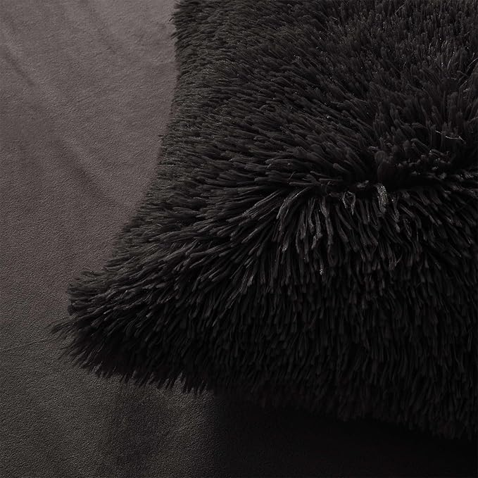 Fluffy black comforters Cover twin size - Ultra Soft Plush black bedding Sets 2 Pieces (1 faux fur comforter Cover + 1 fuzzy pillow case) girls shaggy black twin bed set (Black, Twin)