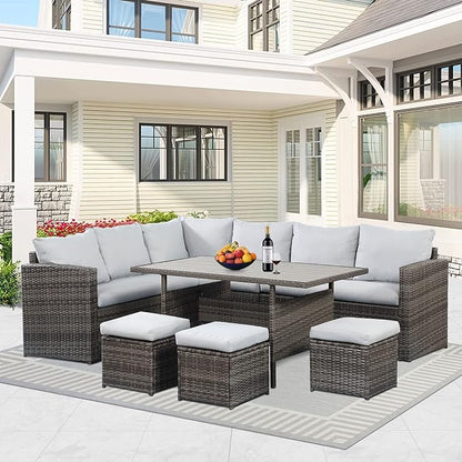 Solaste 7 Piece Patio Furniture Set, All Weather Wicker Patio Conversation Sets with Cushion Seat & Pillows, Outdoor Dining Set, Patio Furniture Outdoor Sectional, Grey