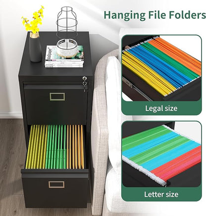 2 Drawer File Cabinet,Metal Vertical File Cabinets with Lock for Home Office,Heavy Duty Office Steel Filing Cabinet for Hanging Letters/Legal/A4, Assembly Required (Black)