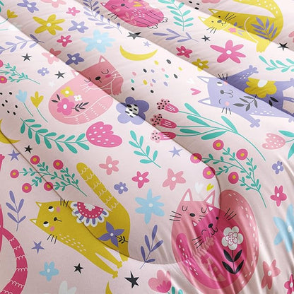 Floral Cat Comforter Twin Size,Pink Cat Comforter Set for Kids Teens Girls,3Pcs Bedding Set Printed Comforter with 2 Pillowcases,Down Alternative,Soft and Lightweight(Pink，Twin Size)