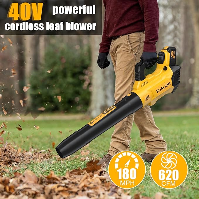 Leaf Blower Cordless Up to 620 CFM 180 MPH-40V Electric Cordless Leaf Blowers with 6.0 Ah Battery and Charger-Battery Powered Blowers for Lawn Care, Patio, Blowing Leaves