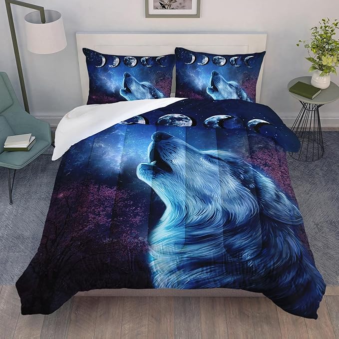 Wolf Comforter Set Galaxy Night Moon Bedding Set 3Pcs Howling Wolf Down Lunar Eclipse Bed Set for Kids Teens Room Decor Wild Animals Comforter with 2 Pillowcases