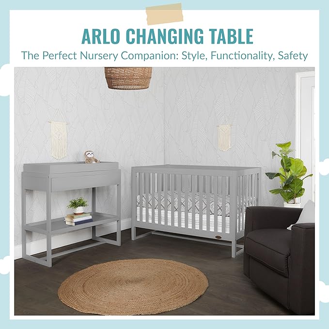Arlo Changing Table in Pebble Grey, Made of Solid New Zealand Pinewood, Non-Toxic Finish, Comes with Water Resistant Mattress Pad & Safety Strap