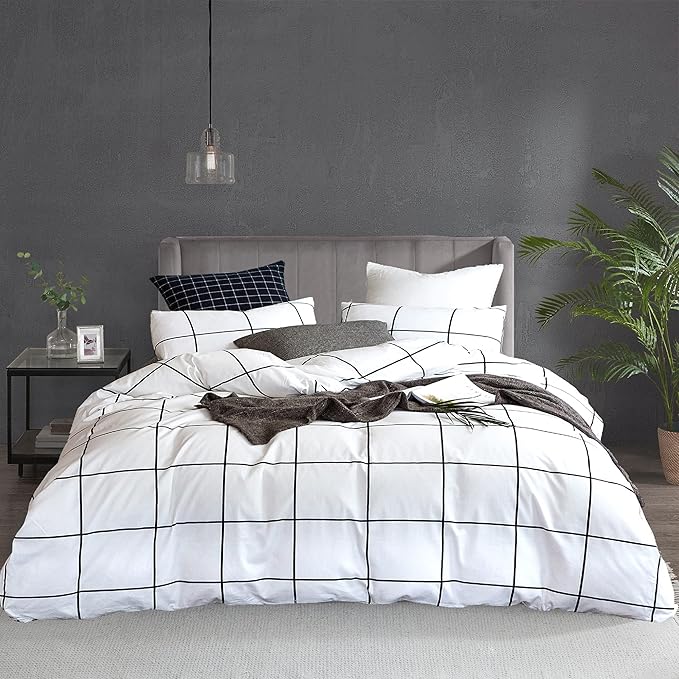 White Grid Comforter White Plaid Bedding Set Queen White Black Lines Printed Stripes Women Checkered Queen Comforters Bedding Set White Grid Comforter Set Queen