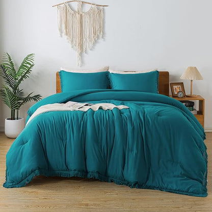 Andency Turquoise Comforter Set Queen, 3 Pieces Boho Teal Tassel Lightweight Bedding Comforter Sets, All Season Teal Blue Soft Fluffy Fringe Bed Set (90x90In Comforter & 2 Pillowcases)
