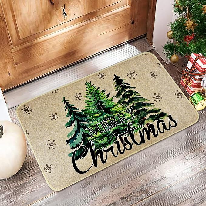 Merry Christmas Door Mat ,Pine Trees Snowflakes Welcome Doormat for Front Door,Non-Slip Winter Xmas Holiday Front Porch Rugs, Indoor Outdoor Entry Doormats Low-Profile Floor Mats,29 x 17 Inch