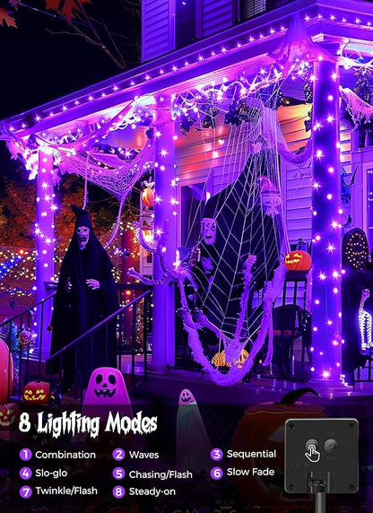 Minetom 2 Pack Solar Halloween Lights Outdoor, Total 80FT 200 LED Halloween String Lights with 8 Modes, Halloween Decoration Outdoor, Waterproof Solar String Lights for Outside Tree Yard Party, Purple