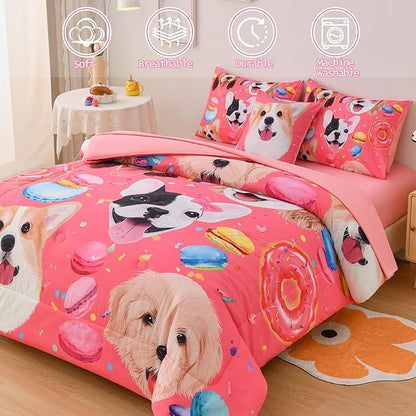 DORCAS Pink Girls Bedding Sets Full with Comforter and Sheets Cute Dog Comforter Set Full Girls,6 Pieces Animal Bedding Sets Full with Sheets for Kids