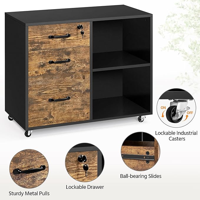 Yaheetech Lateral File Cabinet with Lock for Letter, A4 Size, 3 Drawer Printer Stand with Open Storage Compartments, Mobile Filing Cabinet for Home Office, Black/Rustic Brown