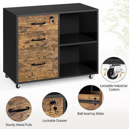 Yaheetech Lateral File Cabinet with Lock for Letter, A4 Size, 3 Drawer Printer Stand with Open Storage Compartments, Mobile Filing Cabinet for Home Office, Black/Rustic Brown