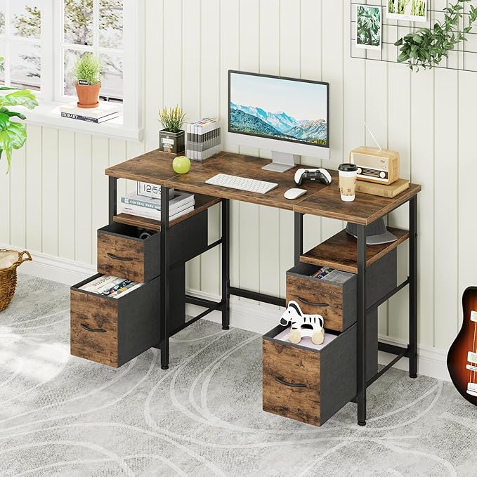 47'' Office Desk with 4 Fabric File Drawers - File Drawer Organization, Computer Work Desk, Study Writing Table, Home Office Workstation, Rustic Brown