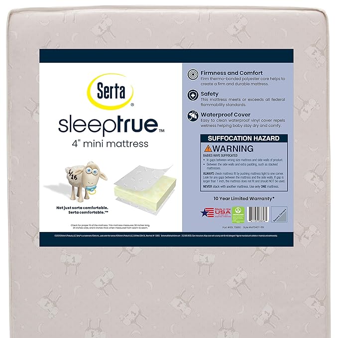 Delta Children Gio Mini Crib with 2.75" Mattress Included, Bianca White/Natural & Serta SleepTrue Mini Crib Mattress, Premium Sustainably Sourced Fiber Core