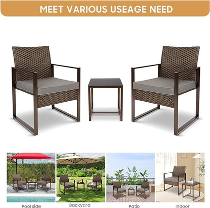 YIYAN 3 Pieces Outdoor Furniture Set Patio Rattan Wicker Chairs & teatable,Lawn Garden Balcony Backyard,with Washable Cushion (Gray)