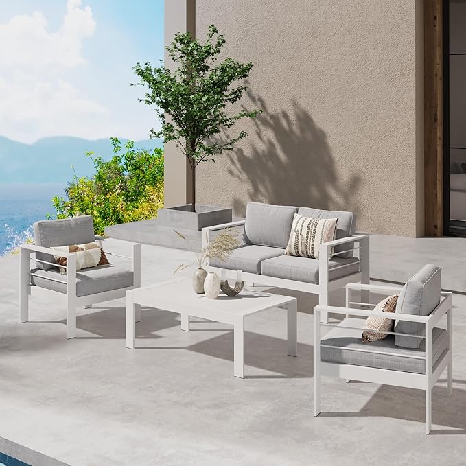 Wisteria Lane Outdoor Patio Furniture Set, 4 Pieces Aluminum Sectional Sofa, Metal Patio Conversation Set with Loveseat, 5 Inch Light Grey Cushion and Coffee Table (White & Light Grey)