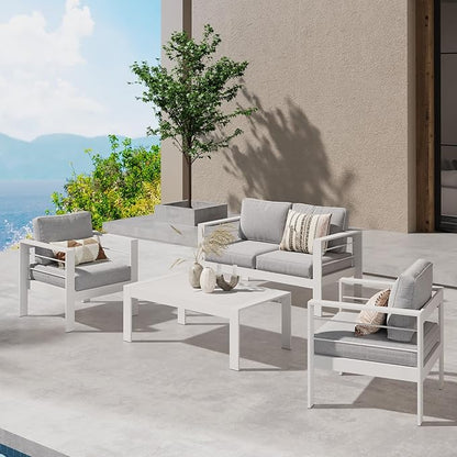 Wisteria Lane Outdoor Patio Furniture Set, 4 Pieces Aluminum Sectional Sofa, Metal Patio Conversation Set with Loveseat, 5 Inch Light Grey Cushion and Coffee Table (White & Light Grey)