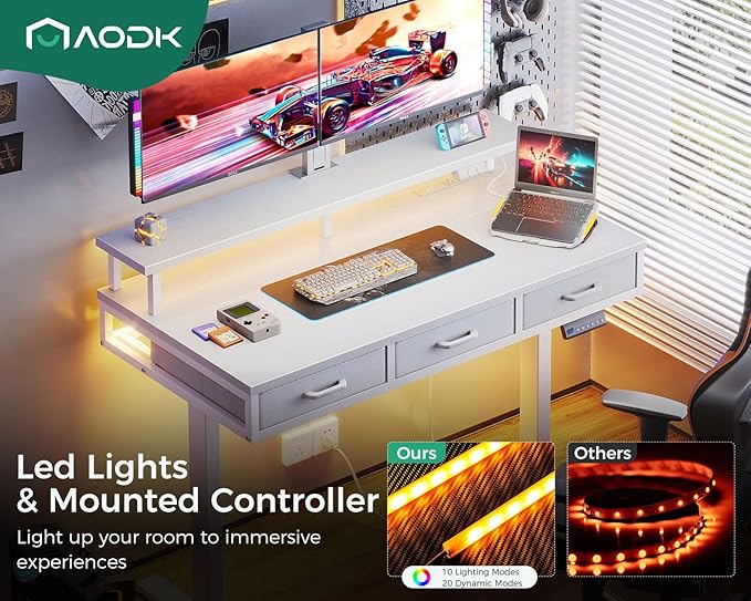 AODK 47 Inch Electric Standing Desk with 3 Drawers, White, Height Adjustable Desk with Power Outlets & LED Lights, Stand Up Desk with Monitor Shelf, Sit Stand Desk Computer Workstation