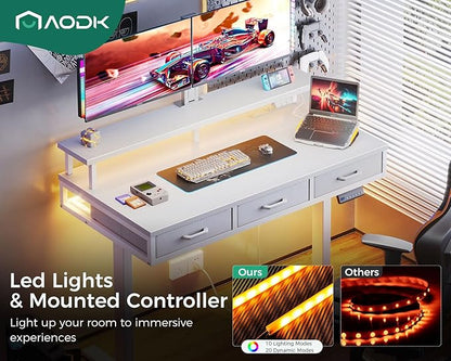 AODK 47 Inch Electric Standing Desk with 3 Drawers, White, Height Adjustable Desk with Power Outlets & LED Lights, Stand Up Desk with Monitor Shelf, Sit Stand Desk Computer Workstation